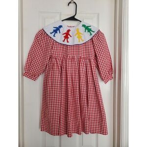 Vtg Ashton Connor Cotton Dress Red Gingham Paper Doll Applique USA Sz S
